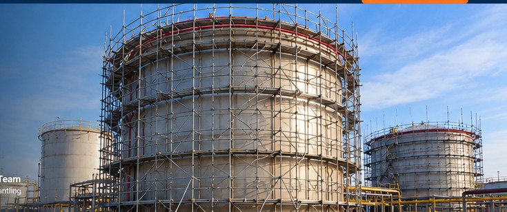 Industrial storage tanks surrounded by scaffolding for maintenance access
